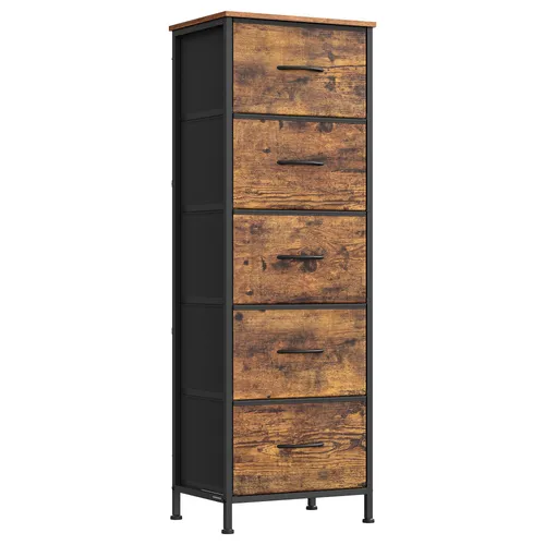 SONGMICS Kommode mit 5 Stoffschubladen, braun-schwarz - Vielseitige Kommode für Schlafzimmer, Flur oder Wohnzimmer. Bietet ordentlichen Stauraum mit stabiler Konstruktion und verstellbaren Füßen für hohe Stabilität.