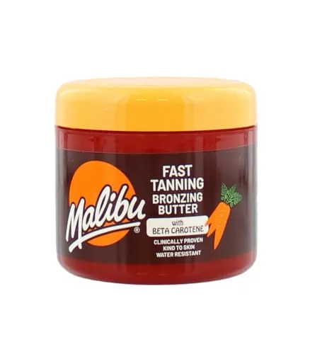 Malibu Fast Tanning Körperbutter mit Beta-Carotin, 300 ml - Körperselbstbräuner mit feuchtigkeitsspendender Formel, die Ihre Bräune intensiviert und die Haut vor dem Austrocknen schützt. Ideal für sonnige Tage und alle Hauttypen.