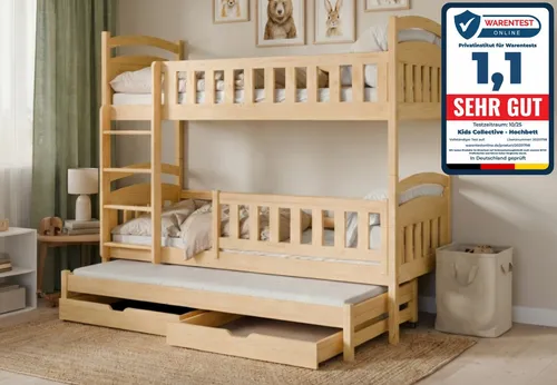 Kids Collective Etagenbett Hochbett Stockbett Kinderbett 90x200 cm mit Ausziehbett und Schubladen (Modell 2025), Umbaubar zu 3 Einzelbetten mit Lattenrosten & Rausfallschutz, Natur