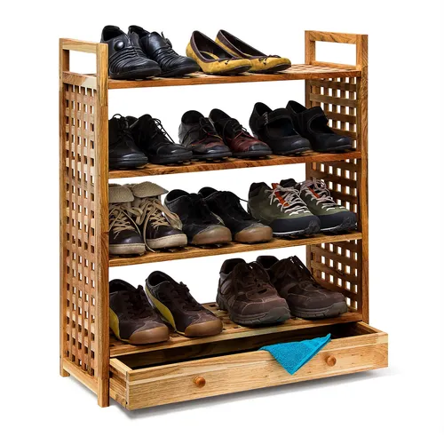 Schuhregal Walnuss geölt mit Schublade - Stilvolles Schuhregal aus geöltem Walnussholz mit 4 Ablagen und zusätzlicher Schublade – ideal für einen aufgeräumten Flur oder Diele.