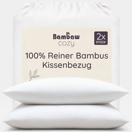 Bambaw Kissenbezug Bambus 40x80 cm, 2-er Pack, Anti Akne, antibakterielle und hypoallergene Bettwäsche, kühlende Bettwäsche Sommer, Bambus Kissenbezug 80x40 cm (Weiß)