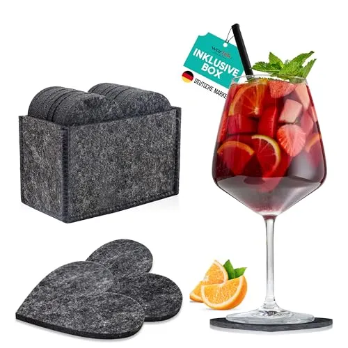 wortek Filz Untersetzer Gläser Schwarz in Herzform – 10er Set mit Aufbewahrungsbox, Glasuntersetzer für Getränke, Tassen, Bar, Glas - Ø 10cm Tischuntersetzer Filzuntersetzer Gläser