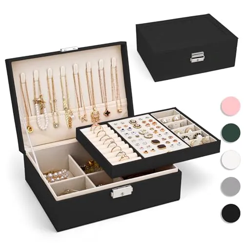 Yarmiene Schmuckkästchen für Damen, 2-schichtige Schmuckschatulle, PU-Leder Schmuckkoffer Schmuckaufbewahrung, Schmuckbox Reise für Ringe, Ohrringe, Armbänder, Ketten für Frauen, Tiefschwarz