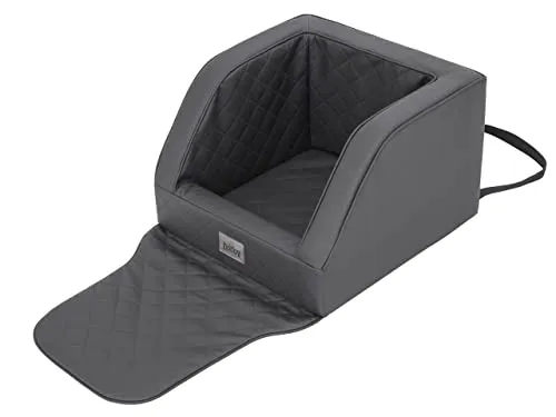 Multifunktionaler Hundeautositz aus Graphit Leder (46x46x31 cm) - Ideal für den Transport von kleinen Hunden im Auto. Der Sitz schützt Ihre Autopolster und kann auch als gemütliches Hundebett verwendet werden. Einfach zu reinigen und schnell zu installieren.