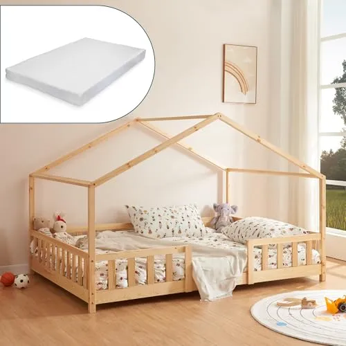 [en.casa] Kinderbett Treviolo mit Matratze 120x200cm - Charmantes Hausbett aus stabilem Kiefernholz mit integriertem Rausfallschutz für sicheren Schlaf – ideal für gemütliche Kinderzimmer.