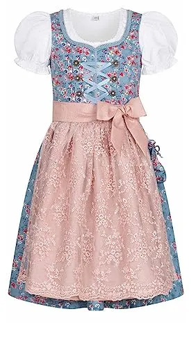 Nübler Dirndl Mädchen Jule Blau - 3-teiliges Set Dirndl Kleid mit Trachtenbluse und Schürze, traditionelle bayrische Tracht, Blümchen Miederhaken mit Glitzer, Netzschürze und Tasche, Größe:104