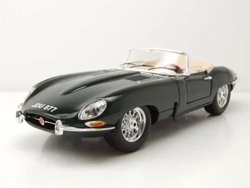 Bburago Modellauto Jaguar E-Type Cabriolet - Maßstab 1:18, originalgetreue Innenausstattung in grün, ideal für Sammler und Modellautoliebhaber