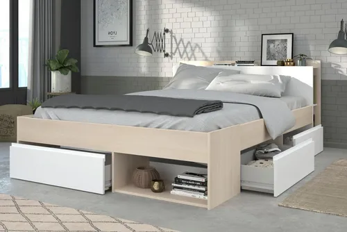 Parisot Most Stauraumbett, Akazie, Weiß, 160x200 cm - Das moderne Stauraumbett 'Most' bietet eine Liegefläche von 160 x 200 cm und punktet mit praktischen Stauraumlösungen. Ideal für Schlafzimmer und Jugendzimmer, mit drei Schubladen und offenen Ablageflächen.
