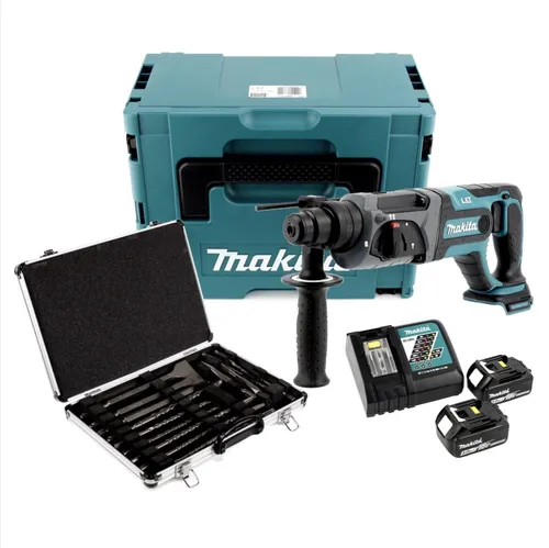 Makita DHR 241 RTJ Akku Bohrhammer 18V - Bohrmaschinen Set mit 2x 5Ah Akku, Ladegerät und Zubehör im praktischen Makpac. Ideal für kabelloses Arbeiten und vielseitige Anwendungen.