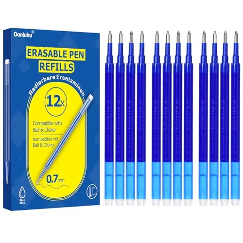 Donluhu 12x Radierbare Ersatzminen 0.7mm | 400m Schreiblänge Blau | Kompatibel mit Pilot FriXion Ball & Clicker & Eberhard Faber | Ersatzmine für Gelstift radierbar | Praktisch für Schule und Alltag