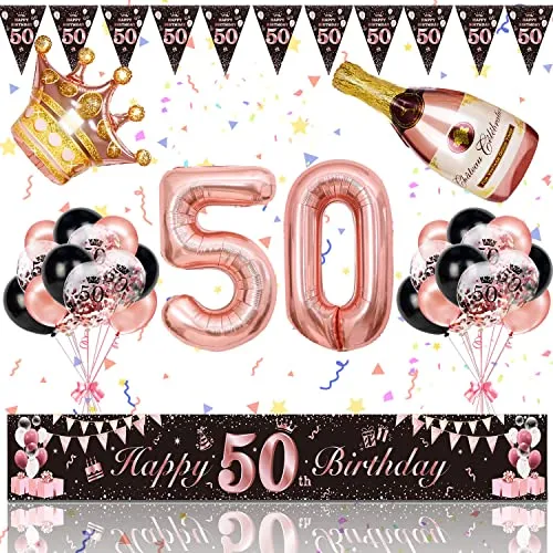 50. Geburtstag Frau Deko, Magiccute Geburtstagsdeko Frauen Lange Happy Birthday Banner Girlande Wimpel und Schwarz Rosegold Konfetti Luftballons Deko Set