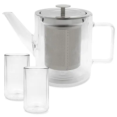 Bredemeijer kleine gläserne doppelwandige Teekanne 1.0 Liter - isolierende Glaskanne Set mit Edelstahl-Teefilter und 2 Teegläser aus Glas (je 400 ml)