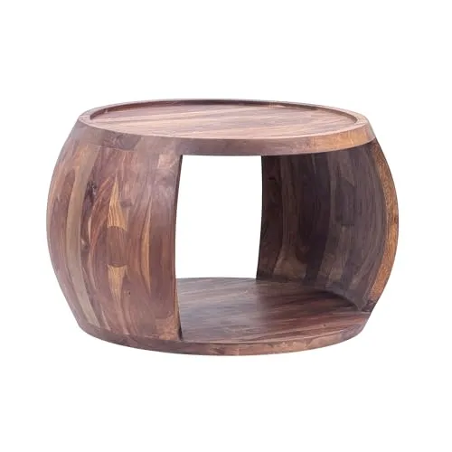 FineBuy Couchtisch Sheesham Massivholz rund 60cm · Wohnzimmertisch mit Ablagefach · Handgefertigter Sofatisch aus Echtholz im natürlichen Landhaus Design