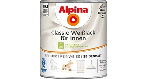 Alpina Classic Weißlack für Innen Reinweiß 750ml - Lacke, 2in1 Grundierung und Lack mit hoher Deckkraft, schnelltrocknend und ideal für ein gesundes Raumklima, ausgezeichnet mit dem Blauen Engel.