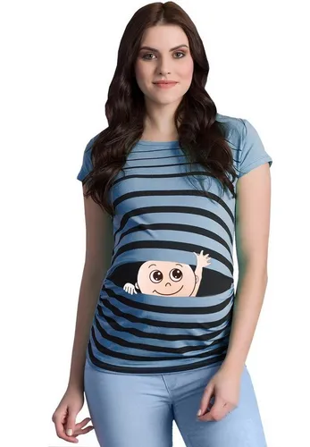 Winke Winke Baby Umstandsshirt - Lustiges Schwangerschaftsshirt mit Motiv - Stylisches Umstandsshirt in Babyblau mit seitlichen Raffungen für optimalen Tragekomfort. Ideal für werdende Mütter, die Mode und Komfort schätzen. Material: 95% Baumwolle, 5% Elasthan.