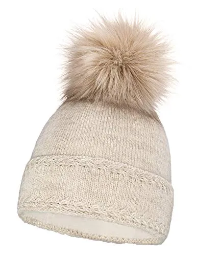 Neverless® gefütterte Damen Strickmütze mit Fell-Bommel und Fleece Futter, Winter-Mütze, Bommelmütze beige