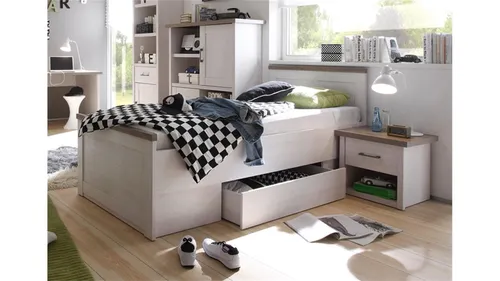 Luca Jugendbett mit Nachtkommode Set in Weiß - Praktisches Set aus Jugendbett und Nachtkommode in modernem Design, ideal für Kinderzimmer. Robuste Holzoptik sorgt für Langlebigkeit und Stil.