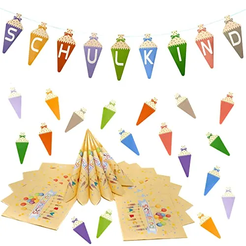Oblique Unique Einschulung Deko Set für Schulanfang – Schulkind Zuckertüten Girlande + 20 Servietten + Zuckertüten Konfetti – Deko für Schuleinführung Jungen und Mädchen