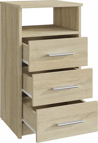 Matkam Möbel Kommode, Sonoma Eiche - Elegante Kommode im klassischen Stil mit drei Schubladen und offenem Ablagefach, perfekt für Wohnzimmer und kompakte Räume. Pflegeleicht und stabil aus laminierten Holzplatten, ideal für jede Einrichtung.