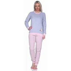 Normann Pyjama Damen Frottee Pyjama langarm mit Bündchen und Pinguin Stickerei grau 44/46