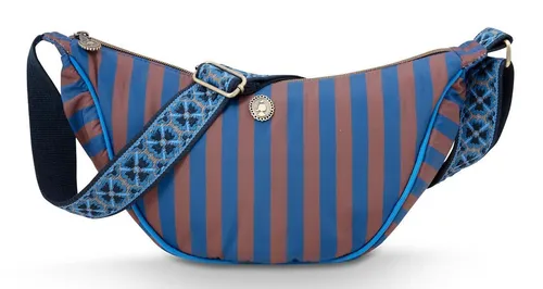 Pip Studio Freya Schultertasche Streifen Blau - Damen-Schultertaschen mit trendigem gestreiften Design in Blau und Taupe, verstellbarem Riemen und besticktem Blumenmuster für einen stilvollen Look.