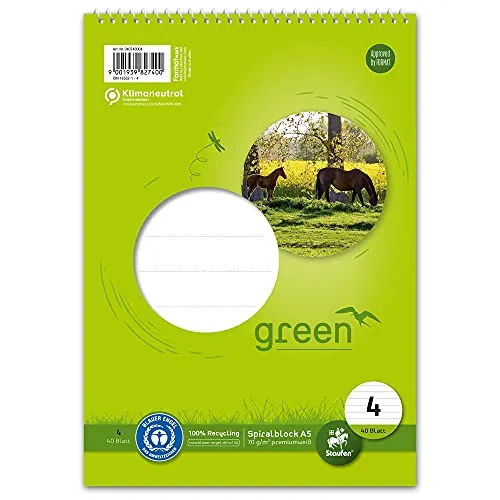 Staufen Green Spiralblock - DIN A5, Lineatur 4 (9mm liniert), 40 Blatt, premiumweißes 70g/m² Recyclingpapier, 1 Stück
