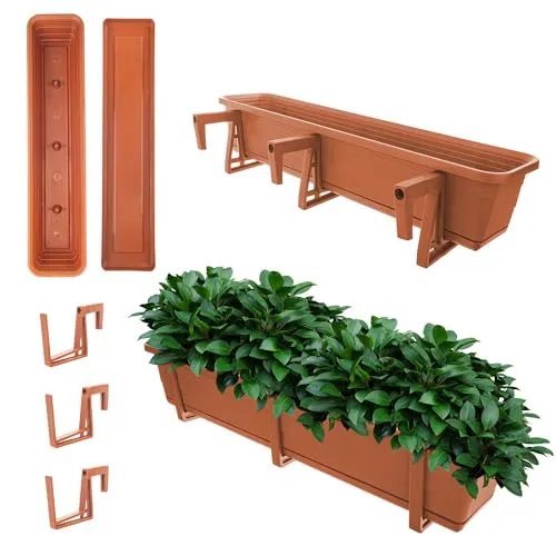 KADAX Blumenkasten mit Untersetzer im Set, mit oder ohne Blumenkastenhalterungen, Balkontopf aus Kunststoff, Pflanz-Kasten, Geländerkasten, Blumentopf (Ziegelrot, 80cm + Halterungen)