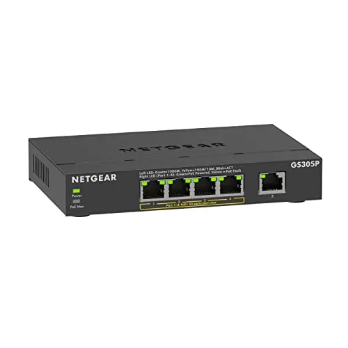 Netgear GS305Pv3 5-Port Gigabit Ethernet Switch - Unmanaged PoE+ Switch mit 63W, ideal für SOHO-Anwendungen, bietet 5 Gigabit-Ports für zuverlässige Netzwerkverbindungen.
