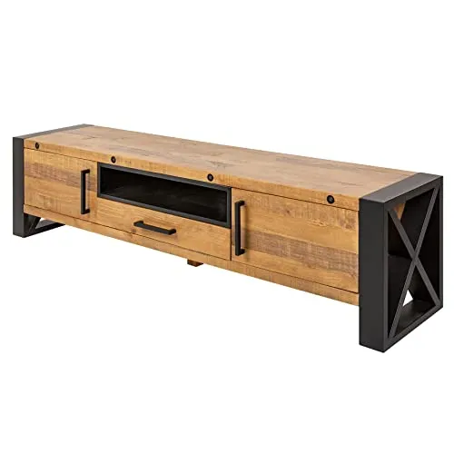 Riess Ambiente Massives TV-Lowboard Thor 200cm aus Pinienholz - TV-Halterungen in Industrial Design: Massives Pinienholz mit Eisen-Gestell, bietet viel Stauraum und praktische Kabelöffnung für HiFi-Anlage und Fernseher.