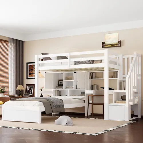 Etagenbett umbaufähig zu Hochbett und Einzelbett, 90x200cm, Kinderbett mit Schreibtisch, Regal, Treppe, Rausfallschutz, Lattenrost