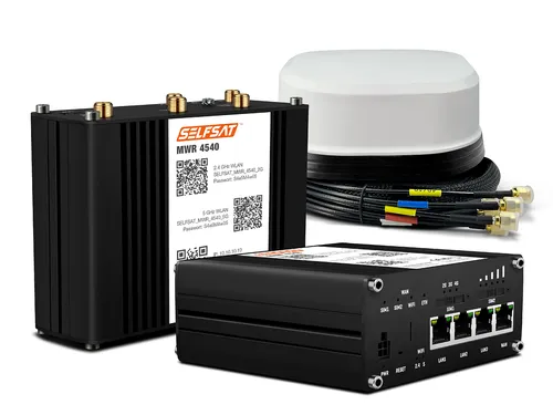 SELFSAT MWR 4540 4G Cat 6 WLAN Router - Router für Wohnmobile mit bis zu 300 Mbps, inklusive wasserdichter SATCO 5G Antenne für stabile Internetverbindung unterwegs.
