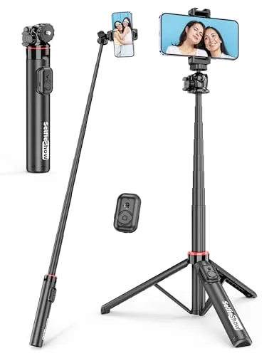 Aluminium Selfie Stick Stativ, Selfie Stange mit Fernbedienung & 360° Kugelkopf, Erweiterbar 4 in 1 Smartphone Stativ mit Cold Shoe Leichtes Reisestativ Kompatibel mit iPhone 16/15/14/Android