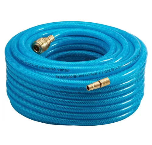 Deuba Druckluftgeräte-Set mit 30m Schlauch und Schnellkupplung - Druckluftgeräte, ideal für Werkstatt und Garage. Der 30m PVC Schlauch ist bis 15 bar belastbar und bietet hohe Flexibilität sowie Stabilität für alle gängigen Druckluftwerkzeuge.