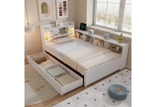 Odikalo Polsterbett Jugendbett 90x200cm mit Stauraum - Stilvolles Einzelbett mit praktischem Kopfteil und Ablagefach, ideal für kleine Räume. Aus robustem Kiefer und Spanplatte, bietet es zusätzlichen Stauraum durch Schubladen und seitliche Stauräume.