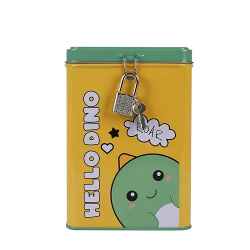I-TOTAL® – Lustige Spardose mit Vorhängeschloss und Schlüssel, Sparbüchse aus Metall mit Verschluss (Hello Dino)