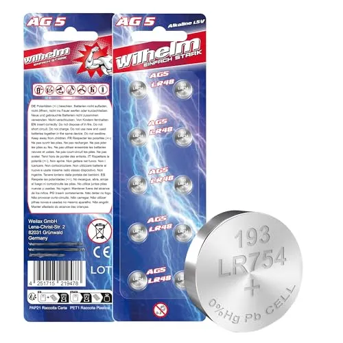 AG5 Wilhelm Cell Knopfzellen Knopfbatterien Uhrenbatterien LR754, LR48, 193, 393 1,5V 10