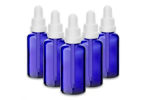 CK Verpackung GmbH Pipettenflasche 5x Blaue Glasflasche 50 ml mit weißer Pipette leer zum Befüllen Set