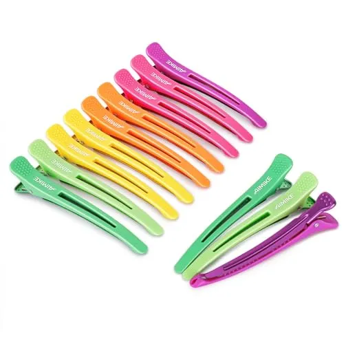 AIMIKE 12Pcs Haarklammern Friseurbedarf, Professionelle Haarclips zum Stylen und Schneiden, Rutschfeste Haarklammern mit Silikonband, No-Trace Abteilklammern Friseur für Dickes und Dünnes Haar-Neon
