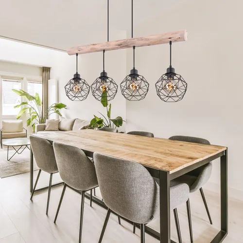Rustikale Pendelleuchte aus Holz, 4-flammig, 120 cm - Hängeleuchte im Vintage-Retro-Stil mit vier gitterförmigen Metallschirmen, ideal für Ess- und Wohnzimmer. Individuell gestaltbar mit E27 Leuchtmitteln für eine perfekte Lichtstimmung.