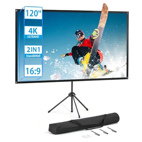 Beamer Leinwand mit Stativ, Tragbar Projektor Leinwand 120 Zoll, 16:9, 4K HD ProjektionLeinwand, Leicht und Kompakt, tragen, Ideal für Heimkino, Innen/außen Filme.