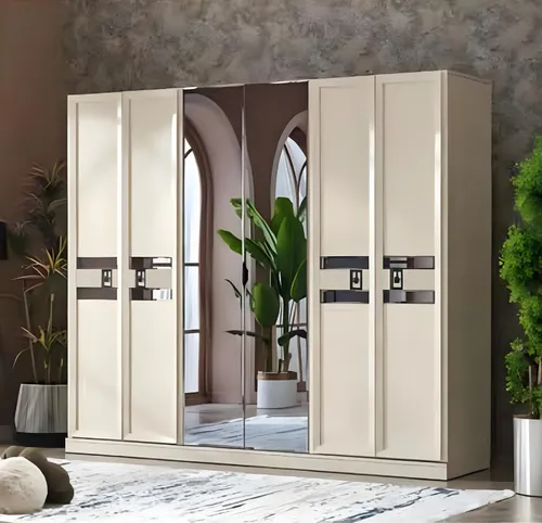 Luxuriöser Holz Kleiderschrank für Schlafzimmer - Hochwertiger Garderobenschrank in modernem Design, 6 Türen und über 8 Regalfächer bieten viel Stauraum. Maße: 255 x 64 x 219,8 cm, ideal für stilvolle Schlafzimmer.