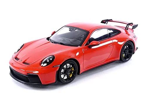 Porsche 911 (992) GT3 2021 - Orange mit Black Wheels - Detailgetreues 1:18 Modell des Porsche 911 GT3 in Orange mit schwarzen Rädern, ideal für Sammler und Fans von Hochleistungsfahrzeugen.