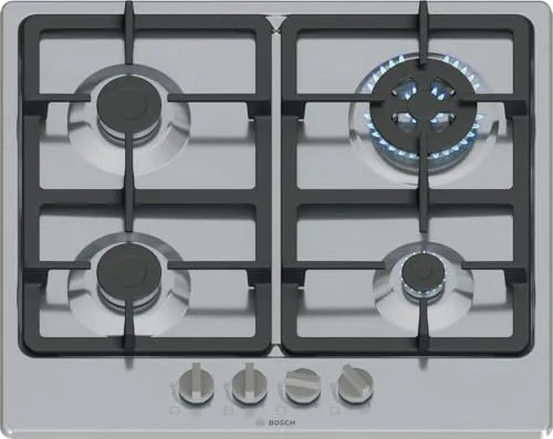 Bosch Gaskochfeld PGH6B5K90 - 60 cm mit Wok Brenner - Gasfeld mit 4 Kochzonen, leistungsstarkem Wok Brenner und Zündsicherung für sicheres Kochen. Edelstahl, rahmenlos, ideal für moderne Küchen.
