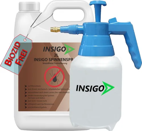 Biozidfreie Spinnen Abwehr INSIGO 2L – Effektives Spinnen Spray mit Sprüher - Insekten- & Schädlingsbekämpfungssprays für den Innenbereich – Das biozidfreie Spray bietet sofortige Wirkung gegen Spinnen und deren Eier, ideal für Wohnräume und garantiert fleckenfreien Einsatz.
