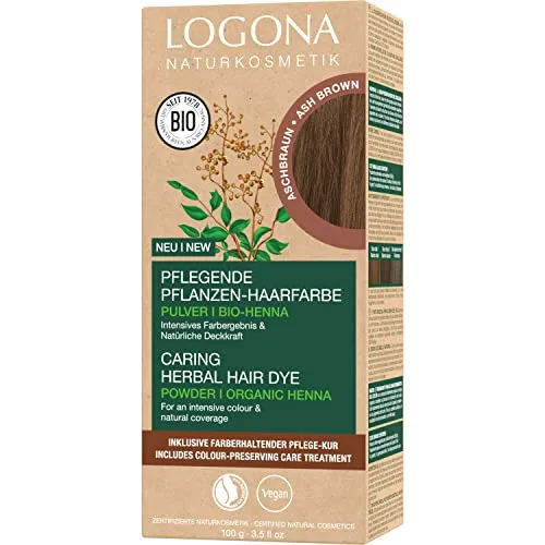 LOGONA Naturkosmetik Pflegende pflanzliche Haarfarbe, Veganes Haarfarbe-Pulver mit Bio-Henna für intensive Farbe und Glanz, Pflanzenhaarfarbe in Aschbraun (Braun), 1 x 100g