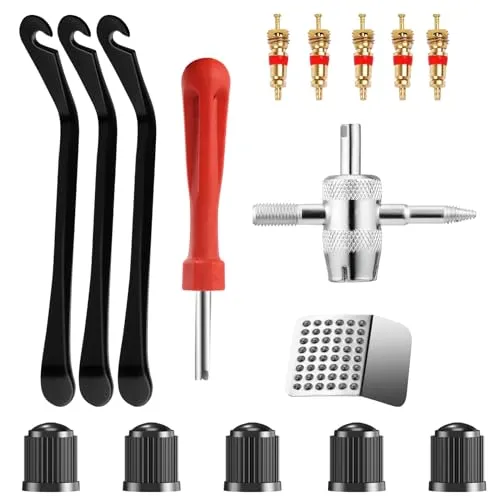 UGBO Ventilschlüssel Ventilausdreher Reifenventilentferner Einzelkopf Ventilkern 1 × 4 Wege Ventil Werkzeug + 3 x Fahrrad Reifenheber + 5 x Ventildreher + 5 x Reifenventilkappen + 1 x Reifenpads