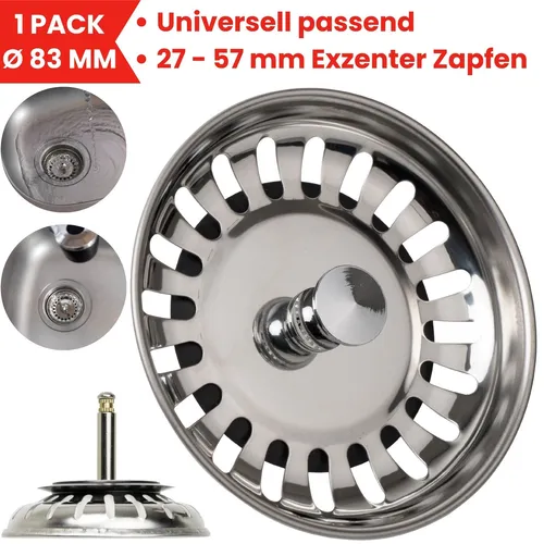 Siebkörbchen Spüle Ø 83 mm Siebkorb mit Exzenter Zapfen Abfluss Sieb Spülbecken