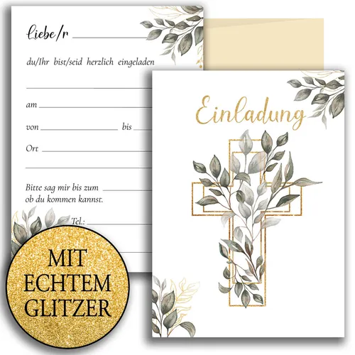 Einladungskarten zweiseitig mit Umschlag Kreuz Taufe Kommunion Konfirmation 10