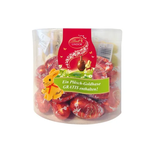 Lindt Goldhase Lindor-Eier Milch Köcher mit Plüsch 450g - Entdecken Sie die köstlichen Lindor-Eier im liebevollen Plüsch-Köcher! Perfekt als Geschenk oder zum Genießen, ideal für besondere Anlässe.