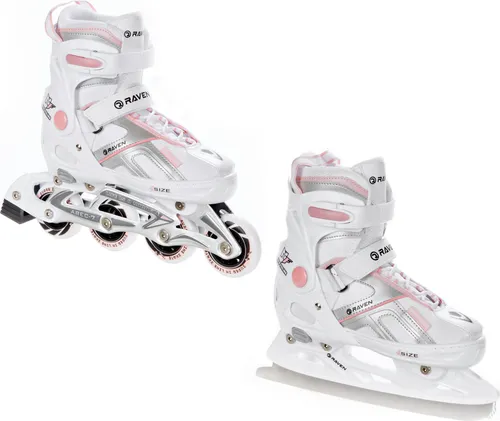 RAVEN Pulse 2in1 Schlittschuhe Inline Skates Inliner für Kinder und Erwachsene verstellbar (White/Pink, 33-36 (20-22,5cm))